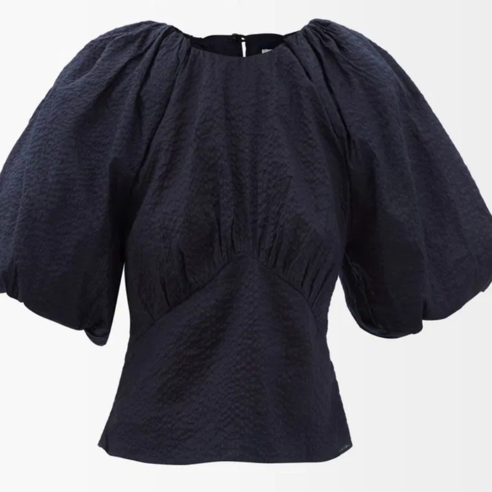 Frame Denim Boxy Blue Puff Sleeve Blouse